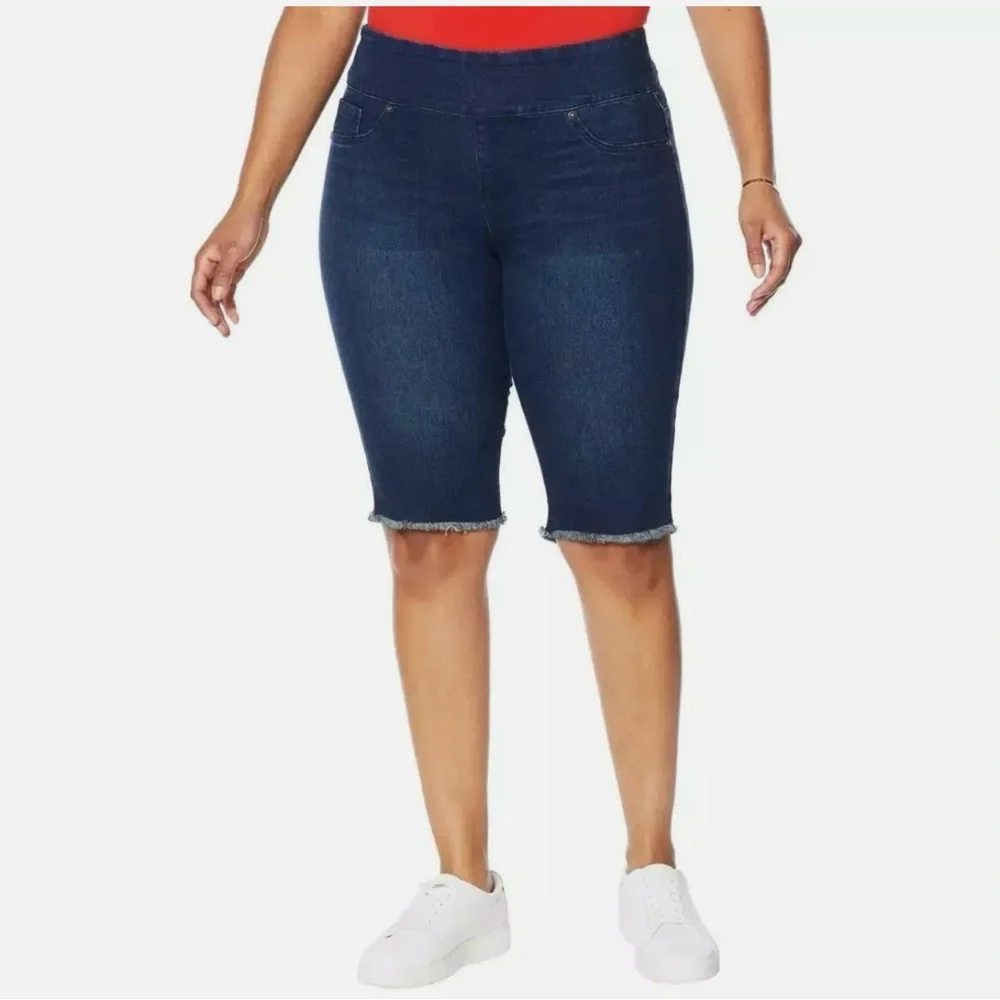 DG2 Diane Gilman Indigo Denim Classic Stretch Pull On Bermuda Shorts Women's L - Picture 3 of 10